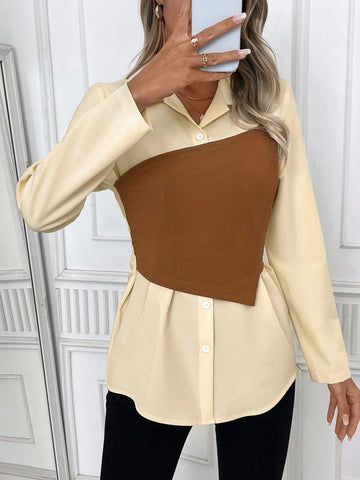 Women's Long-Sleeved Apricot Contrasting Brown Tube Top 2 In 1 Shirt