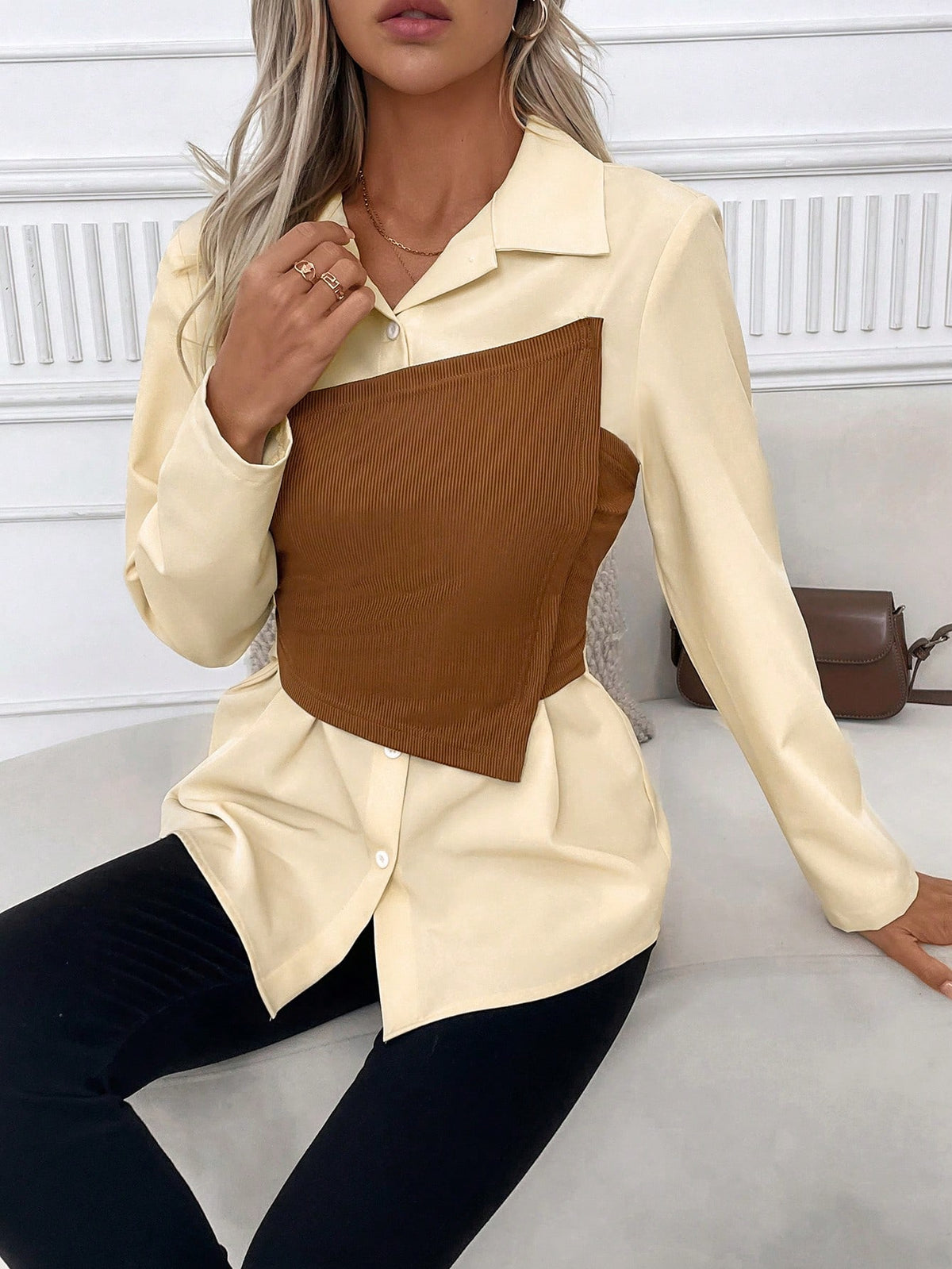 Women's Long-Sleeved Apricot Contrasting Brown Tube Top 2 In 1 Shirt