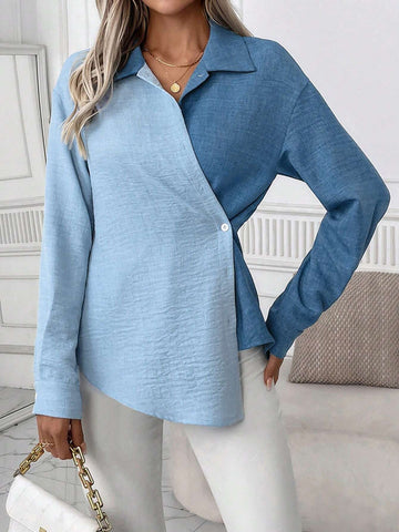 Women's Long-Sleeved Blue Wrap Contrast Blouses, Perfect For Daily Commuting