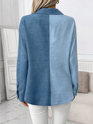 Women's Long-Sleeved Blue Wrap Contrast Blouses, Perfect For Daily Commuting