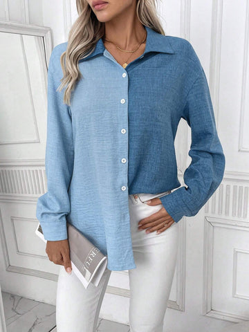 Women's Long-Sleeved Blue Wrap Contrast Blouses, Perfect For Daily Commuting