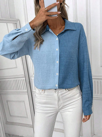 Women's Long-Sleeved Blue Wrap Contrast Blouses, Perfect For Daily Commuting
