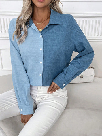 Women's Long-Sleeved Blue Wrap Contrast Blouses, Perfect For Daily Commuting