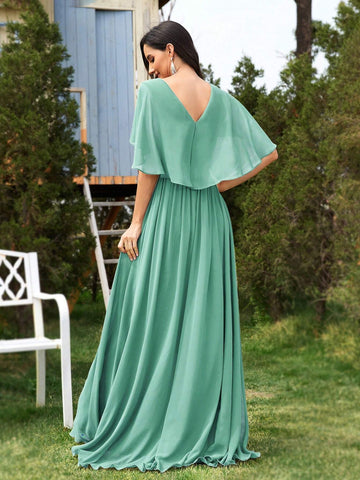 Women's Long Elegant Dress With Cape Sleeve And Plant Embroidery For Formal Evening Party