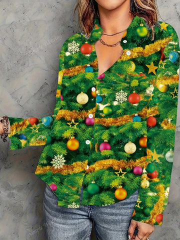 Women's Long Sleeve All-Over Print Button Front Fashion Blouse, Random Print Pattern