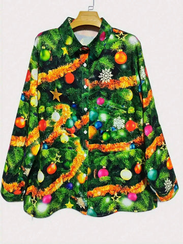 Women's Long Sleeve All-Over Print Button Front Fashion Blouse, Random Print Pattern