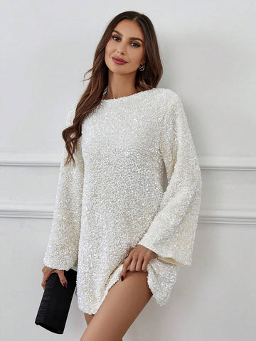 Women's Long Sleeve Back Tie Glitter Dress