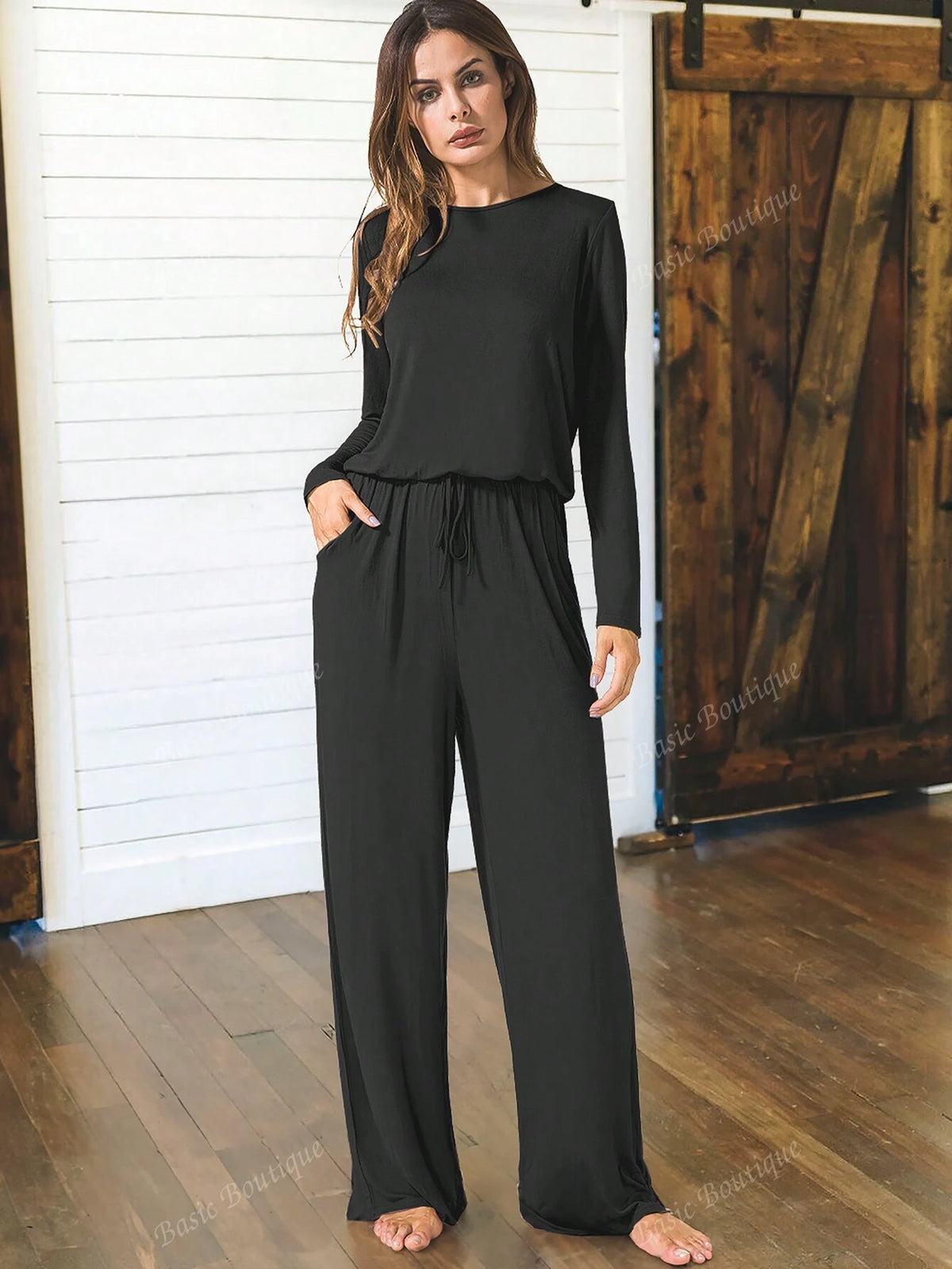 Women's Long Sleeve Drawstring Wide Leg One Piece Jumpsuits With Pockets Fall Outfits