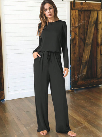 Women's Long Sleeve Drawstring Wide Leg One Piece Jumpsuits With Pockets Fall Outfits