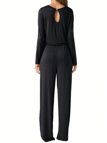 Women's Long Sleeve Drawstring Wide Leg One Piece Jumpsuits With Pockets Fall Outfits