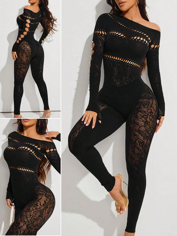 Women's Long Sleeve Metallic Lace Jumpsuit