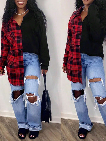 Women's Long Sleeve Plaid Patchwork Contrast Color Casual Plaid Shirt, Autumn/Winter