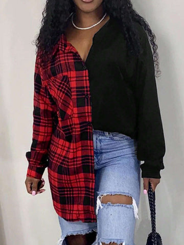 Women's Long Sleeve Plaid Patchwork Contrast Color Casual Plaid Shirt, Autumn/Winter