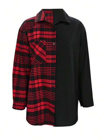 Women's Long Sleeve Plaid Patchwork Contrast Color Casual Plaid Shirt, Autumn/Winter
