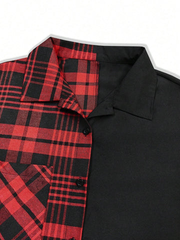 Women's Long Sleeve Plaid Patchwork Contrast Color Casual Plaid Shirt, Autumn/Winter