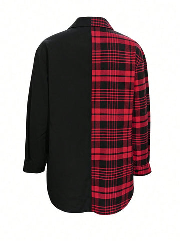 Women's Long Sleeve Plaid Patchwork Contrast Color Casual Plaid Shirt, Autumn/Winter