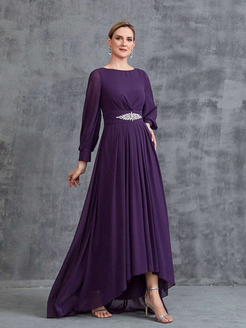 Women's Long Sleeve Rhinestone Decor Chiffon Party Dress