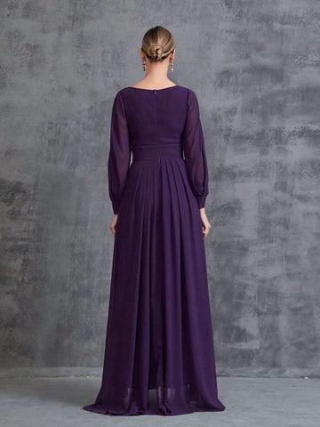 Women's Long Sleeve Rhinestone Decor Chiffon Party Dress