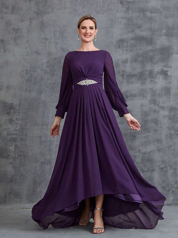 Women's Long Sleeve Rhinestone Decor Chiffon Party Dress