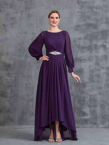 Women's Long Sleeve Rhinestone Decor Chiffon Party Dress