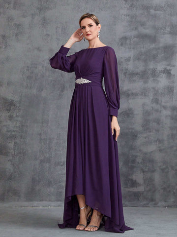 Women's Long Sleeve Rhinestone Decor Chiffon Party Dress