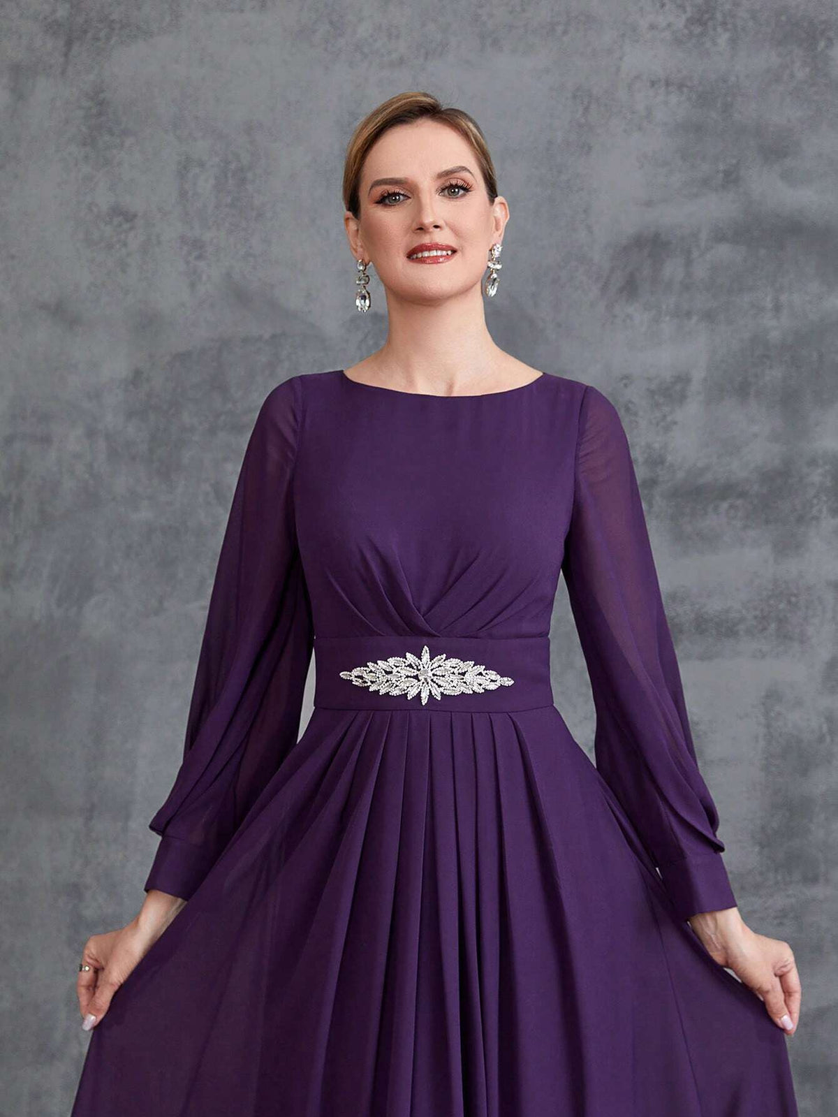 Women's Long Sleeve Rhinestone Decor Chiffon Party Dress