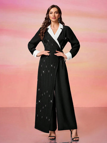 Women's Long Sleeve Rhinestone Decor Colorblock Surplice Neckline Belted Jumpsuit