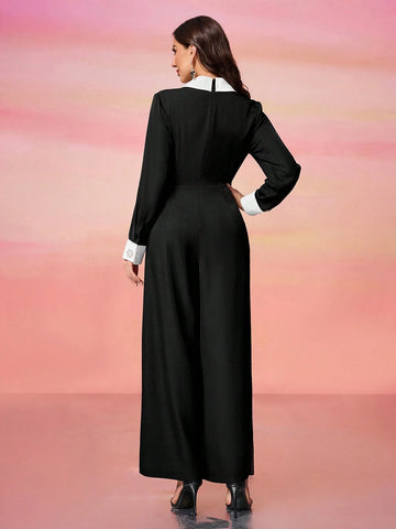 Women's Long Sleeve Rhinestone Decor Colorblock Surplice Neckline Belted Jumpsuit