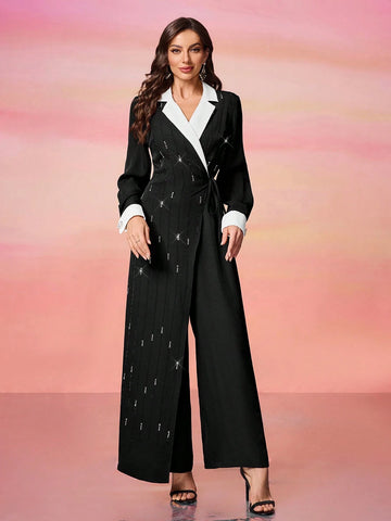 Women's Long Sleeve Rhinestone Decor Colorblock Surplice Neckline Belted Jumpsuit