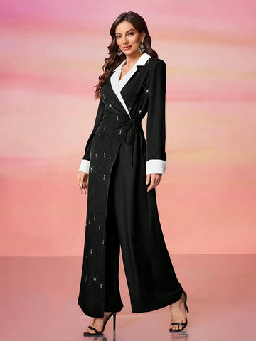 Women's Long Sleeve Rhinestone Decor Colorblock Surplice Neckline Belted Jumpsuit
