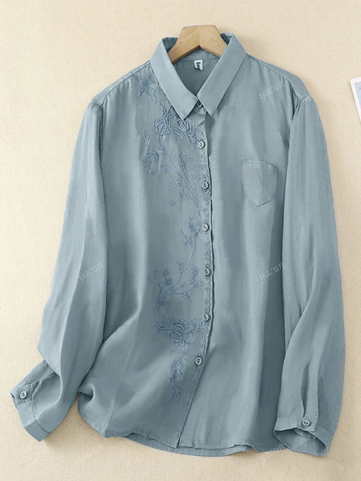 Women's Long Sleeve Solid Color Embroidered Collar Shirt