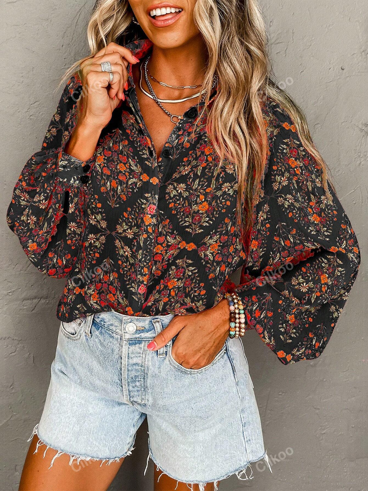 Women's Long Sleeved Floral Printed Shirt