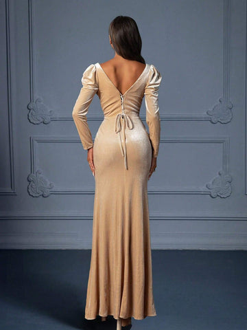 Women's Long V-Neck Velvet Formal Evening Dress, Autumn/Winter, Wedding Event Dress