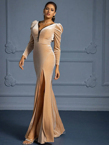 Women's Long V-Neck Velvet Formal Evening Dress, Autumn/Winter, Wedding Event Dress