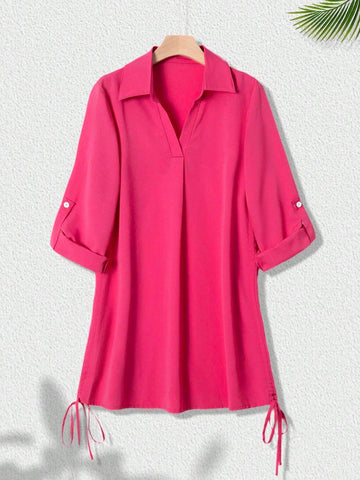 Women's Loose And Slimming Top Design, Solid Color Drawstring Shirt Suitable For Spring And Autumn