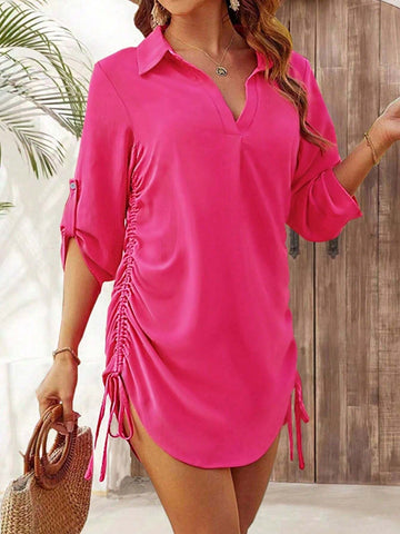 Women's Loose And Slimming Top Design, Solid Color Drawstring Shirt Suitable For Spring And Autumn