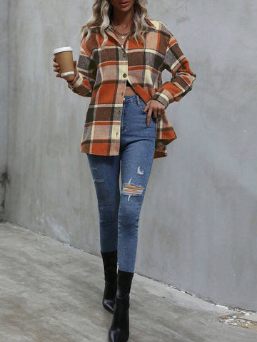 Women's Loose Drop Shoulder Long Sleeve Casual Plaid Print Button-Front Shirt, Autumn