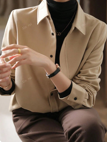 Women's Loose Fit Long Sleeve Shirt For Casual Office Wear, Autumn Winter