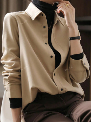 Women's Loose Fit Long Sleeve Shirt For Casual Office Wear, Autumn Winter