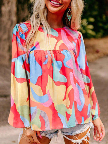 Women's Loose Pullover Round Neck Blouse Casual Everything Abstract Printed Chiffon Shirt
