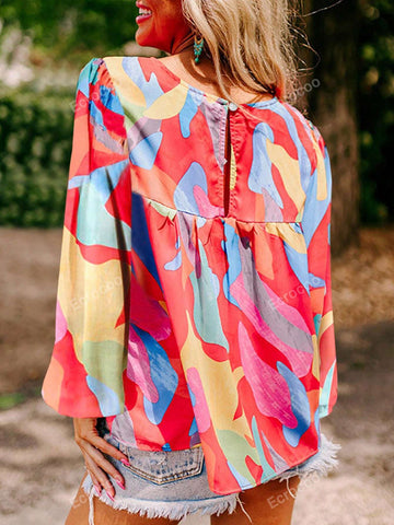 Women's Loose Pullover Round Neck Blouse Casual Everything Abstract Printed Chiffon Shirt