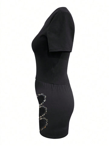 Women's Love Heart Rhinestone Decoration Short Sleeve T-Shirt And Shorts Set