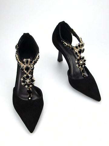 Women's Luxury Rhinestone Chain Decorated Black Suede Pointed Toe Hollow High-heeled Shoes