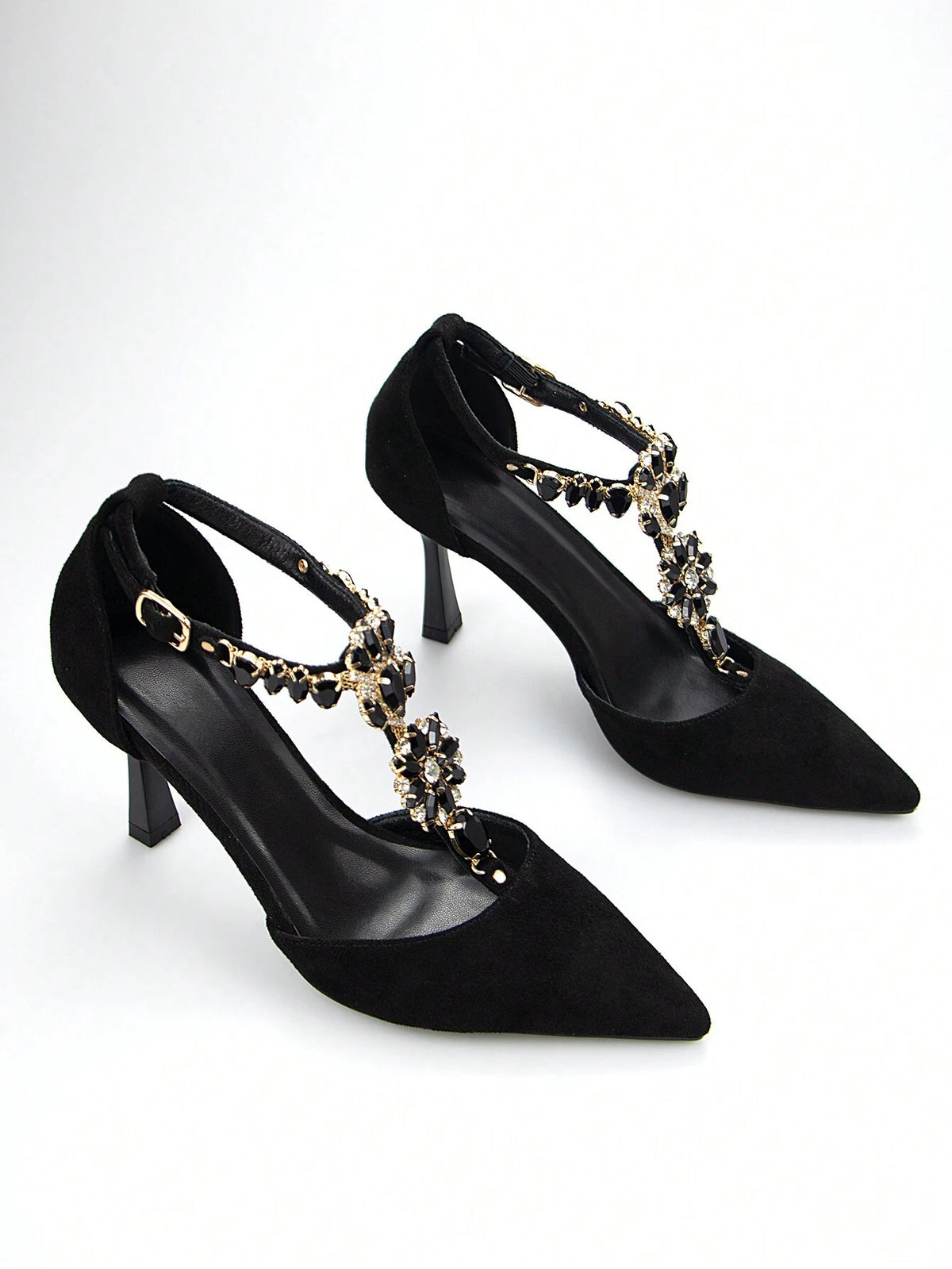 Women's Luxury Rhinestone Chain Decorated Black Suede Pointed Toe Hollow High-heeled Shoes
