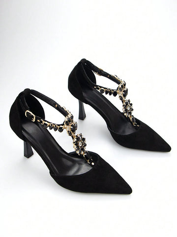 Women's Luxury Rhinestone Chain Decorated Black Suede Pointed Toe Hollow High-heeled Shoes