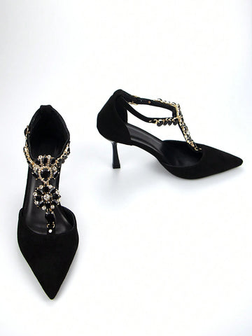 Women's Luxury Rhinestone Chain Decorated Black Suede Pointed Toe Hollow High-heeled Shoes