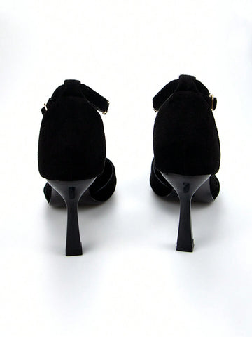 Women's Luxury Rhinestone Chain Decorated Black Suede Pointed Toe Hollow High-heeled Shoes