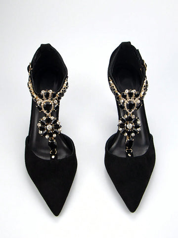 Women's Luxury Rhinestone Chain Decorated Black Suede Pointed Toe Hollow High-heeled Shoes