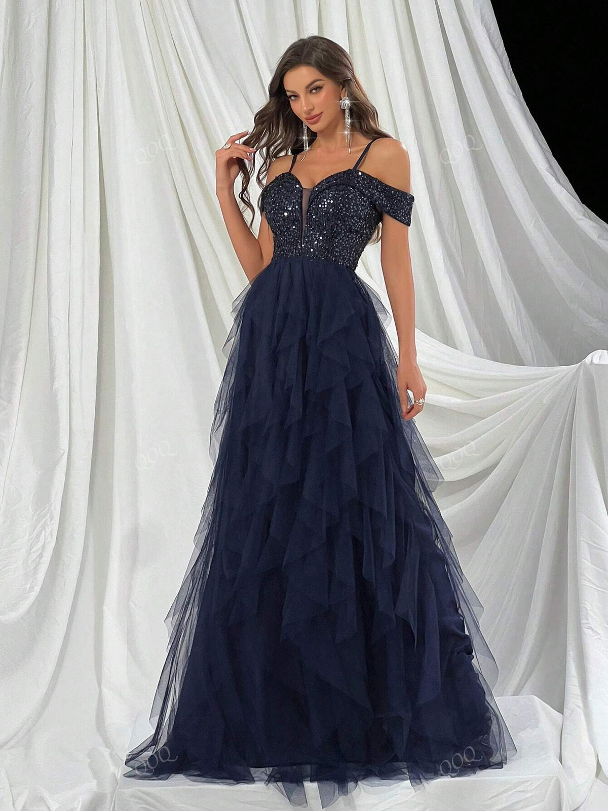 Women's Luxury Sapphire Blue Off Shoulder Patchwork Sequin & Mesh Hem Party Dress