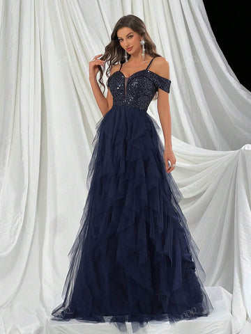 Women's Luxury Sapphire Blue Off Shoulder Patchwork Sequin & Mesh Hem Party Dress